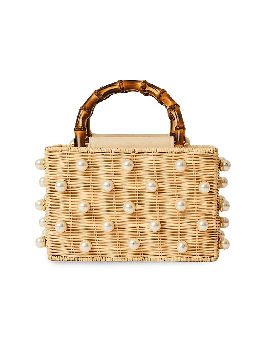Women's Chloe Pearl Embellished Rattan Top-Handle Bag - White