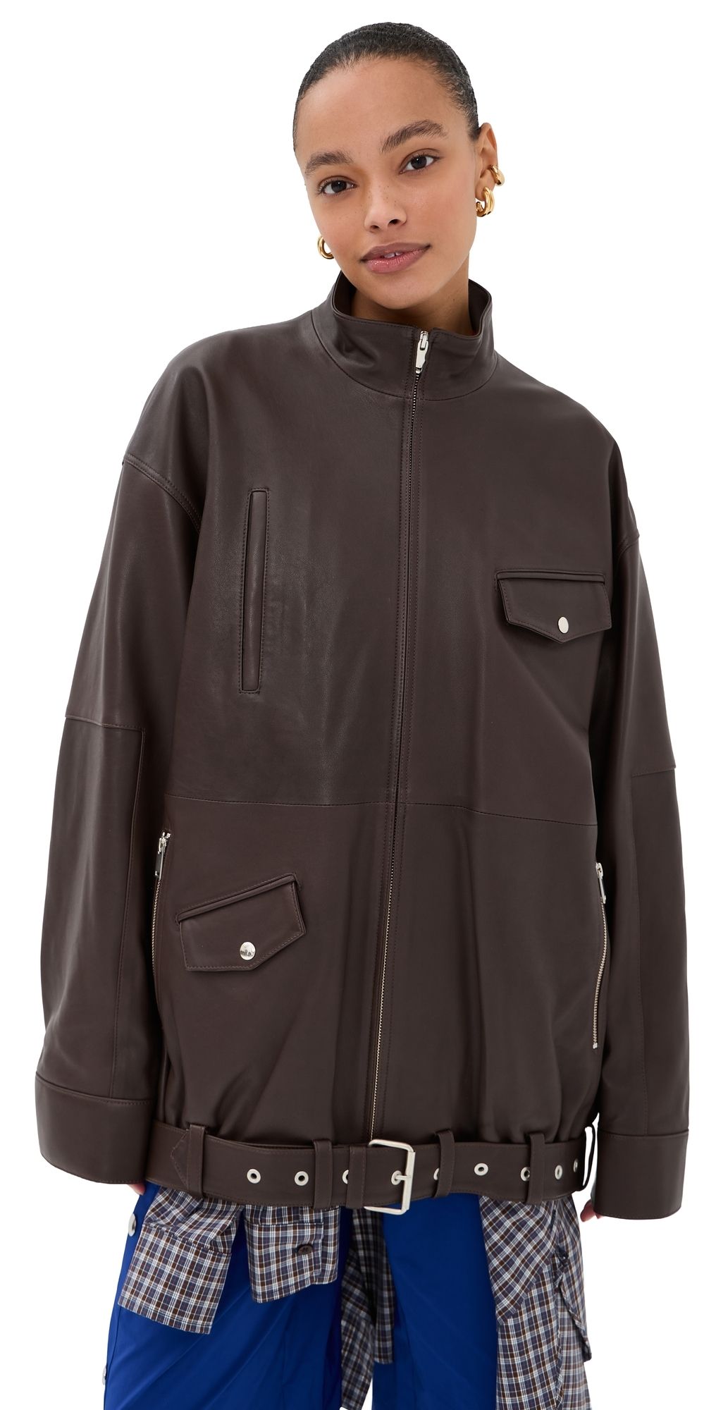 Tibi Leather Moto Bomber Brown L