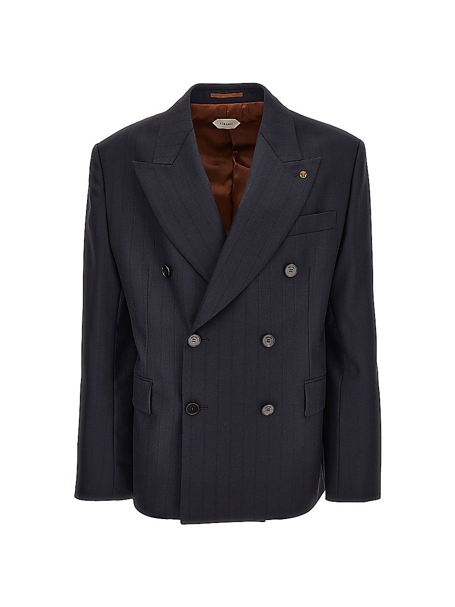 Men's Pinstriped Double-Breasted Virgin Wool Jacket - Dark Navy Black - Size 42