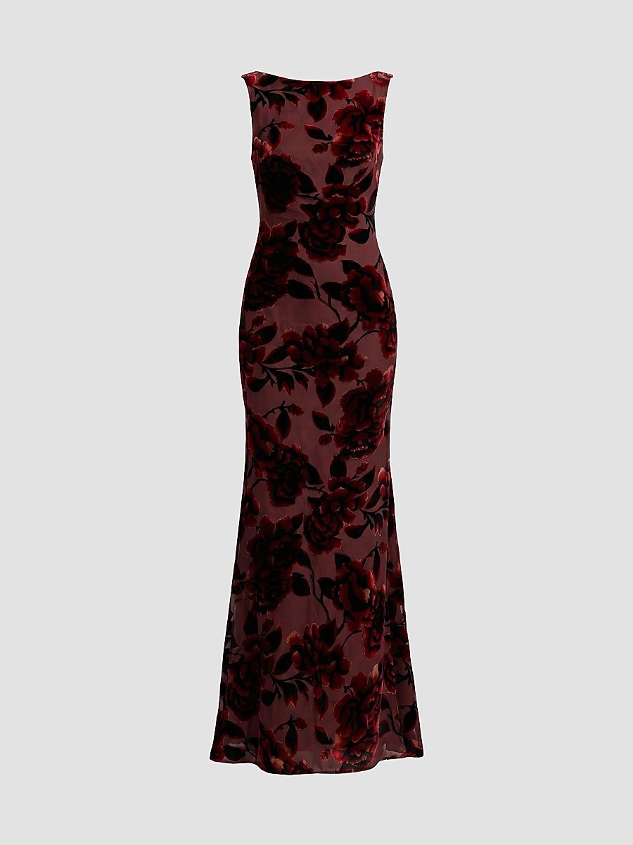 Women's Floral Velvet Burnout Cowlback Gown - Burgundy Multi - Size 12