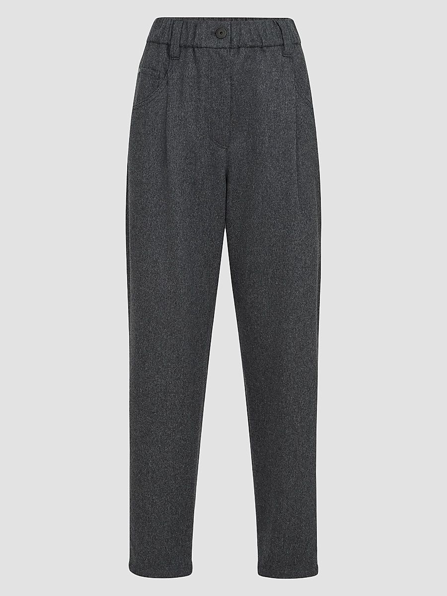 Brunello Cucinelli Women's Wool Flannel Baggy Trousers with Monili - Grey - Size 16