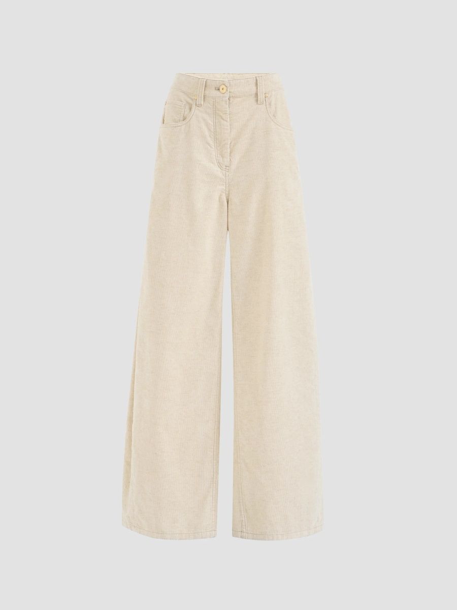 Brunello Cucinelli Women's Garment-Dyed Wide Jeans in Cotton and Linen Corduroy - Ecru - Size 14