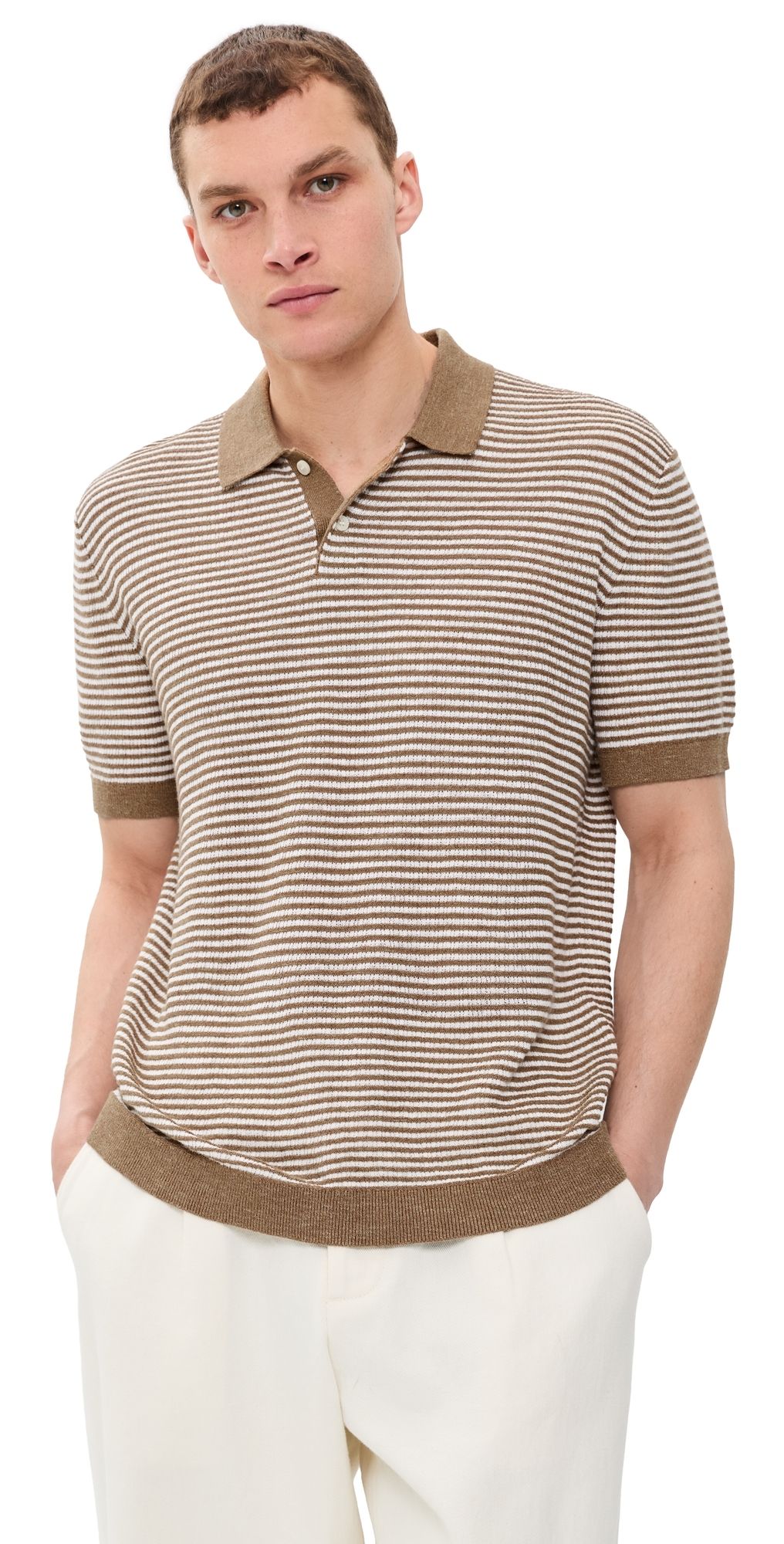 Theory Striped Polo In Pacific Linen Fresh Khaki/Winter Ivory L
