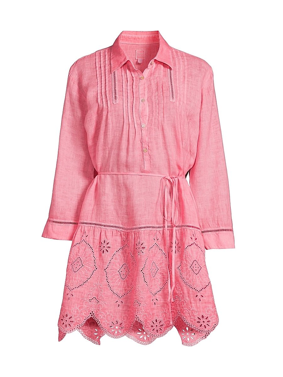 Women's Lace-Trimmed Linen Shirtdress - Geranium Soft Fade - Size Medium