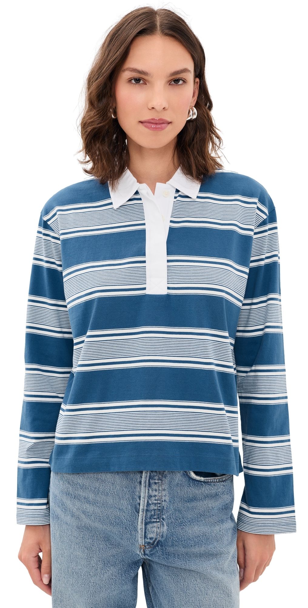 rag & bone Kelly Stripe Long Sleeve Polo Blue Multi XS