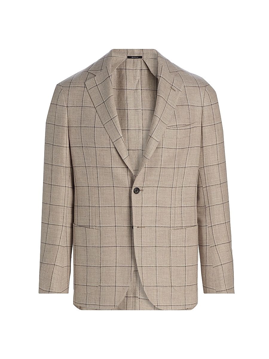 Men's Windowpane Plaid Linen-Wool-Silk Sport Coat - Cream - Size 40