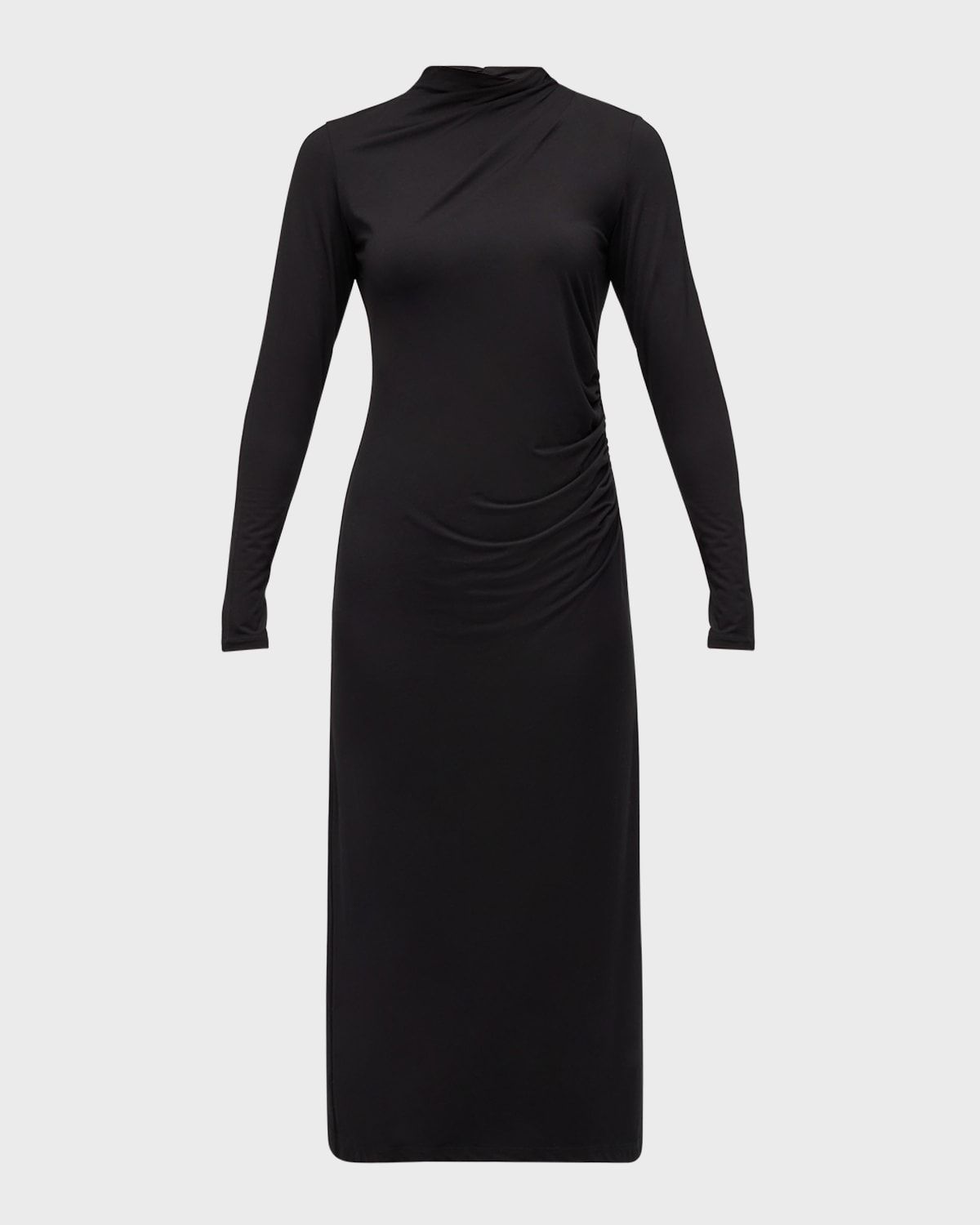 Long-Sleeve Ruched TurtleNeck Midi Dress