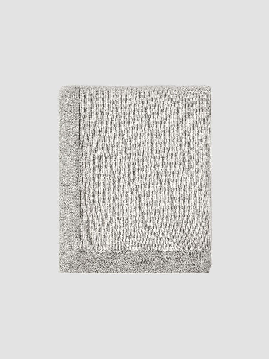 Cashmere English Rib Knit Throw with Contrast Borders - Medium Grey