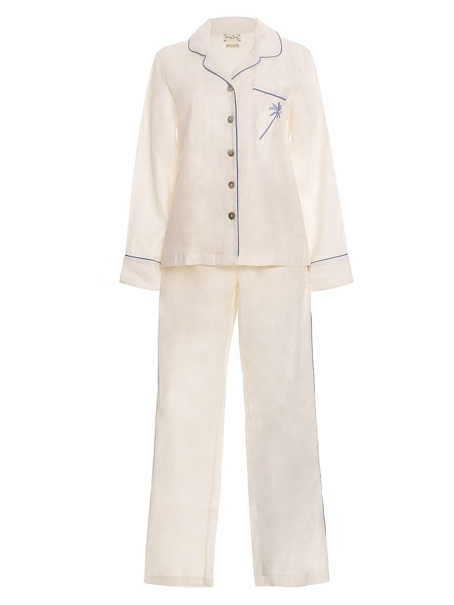 Women's Blue Serenity Emma Linen 2-Piece Pajama Set - White - Size Medium