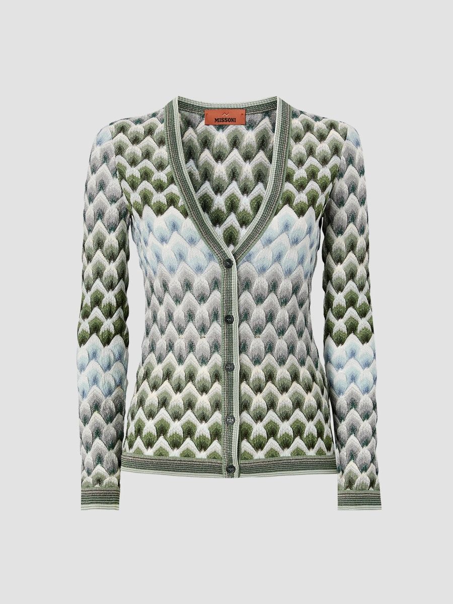 Missoni Women's Scale Pattern V-Neck Sweater - Green Blue - Size 0