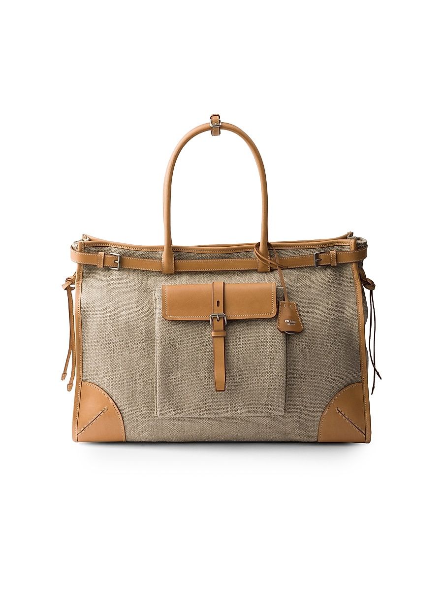 Men's Bonnie Linen and Leather Tote Bag - Beige Khaki