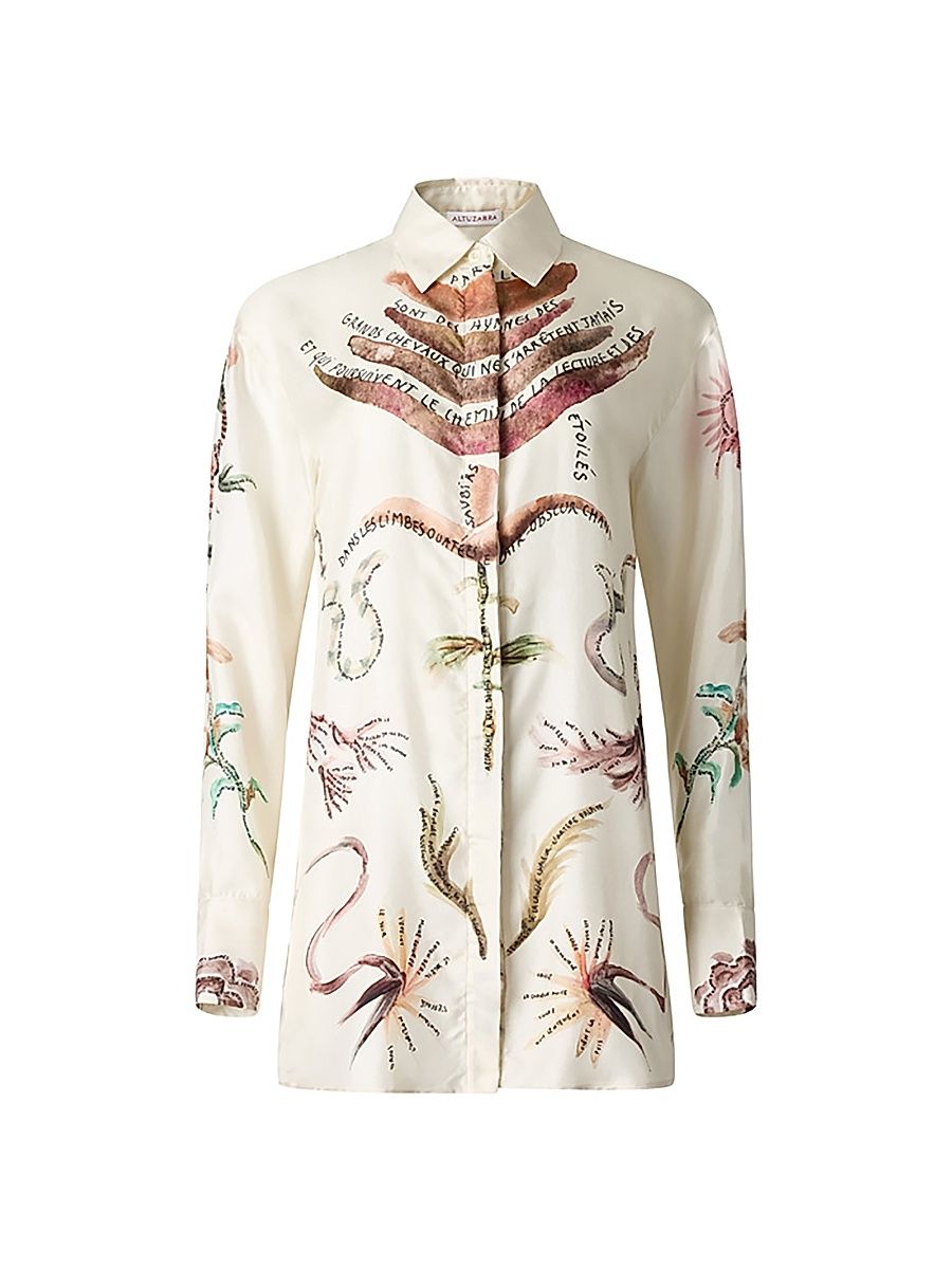Women's Chika Printed Silk Button-Front Shirt - Ivory Figurative Tattoo - Size 14
