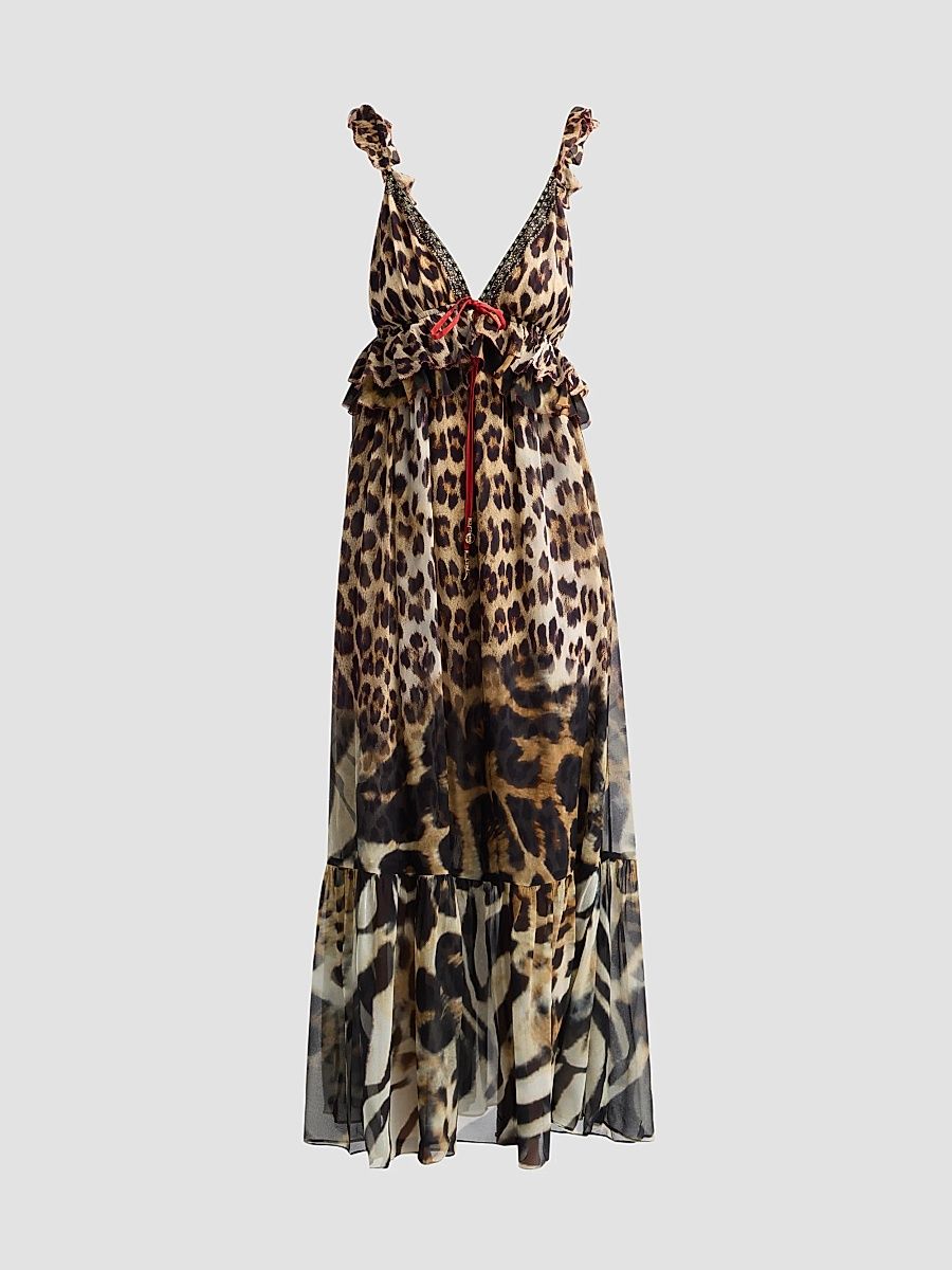 Women's Frill Silk Printed Dress - Beige - Size Large