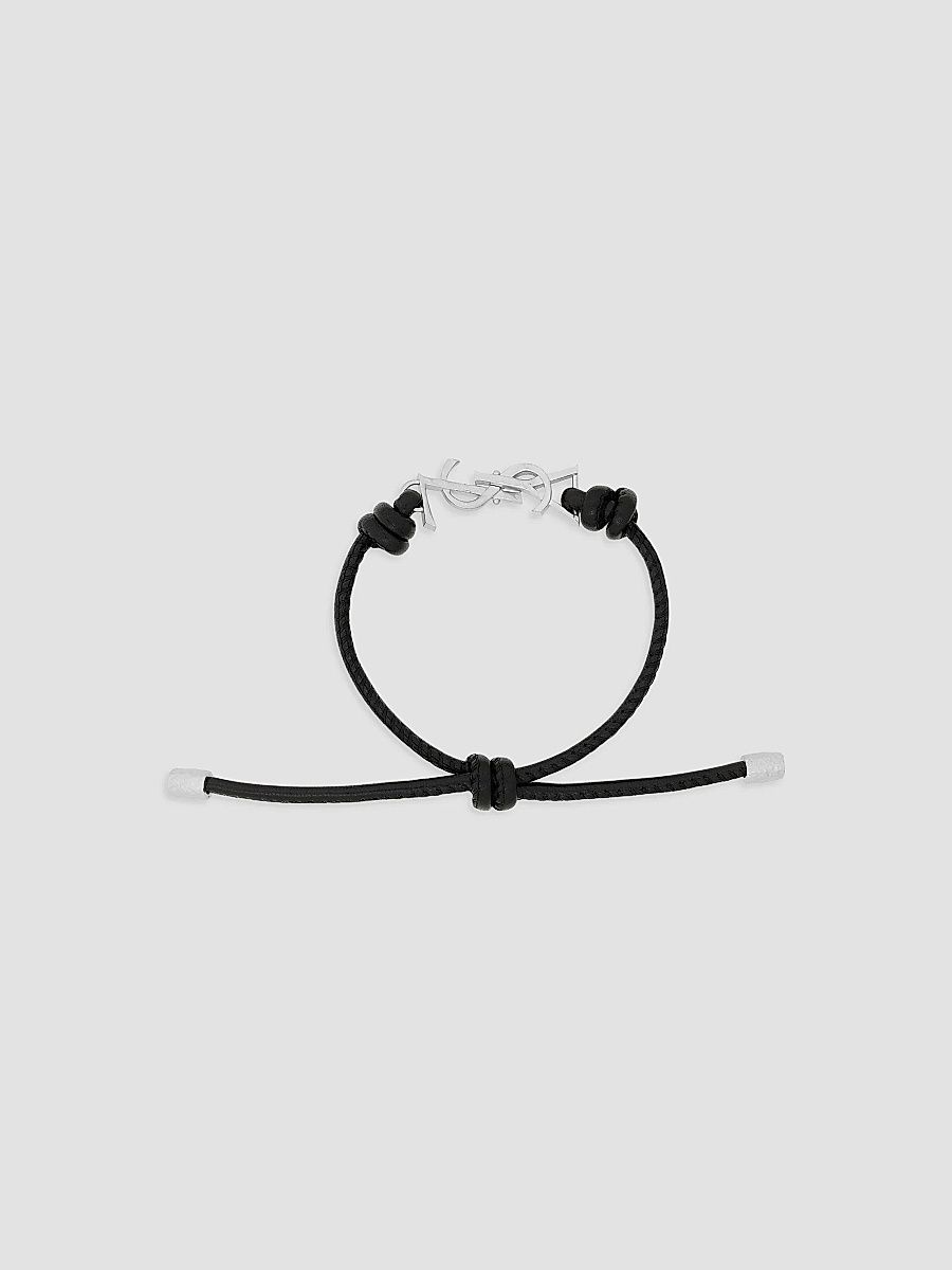 Saint Laurent Men's Cassandre Cord Bracelet in Leather - Black And Oxidized Nickel - Size Small