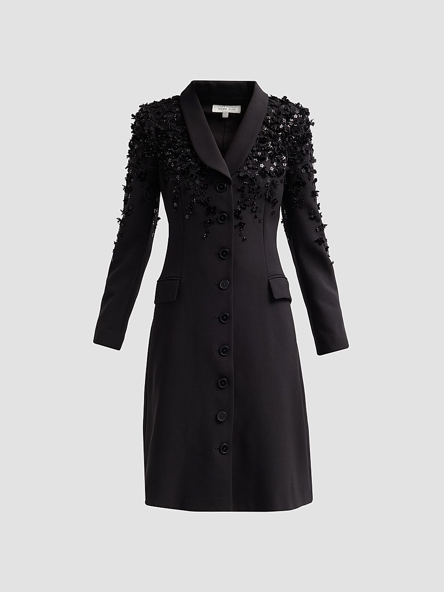 Teri Jon by Rickie Freeman Women's Crêpe Floral Appliqué Tuxedo Cocktail Dress - Black - Size 18