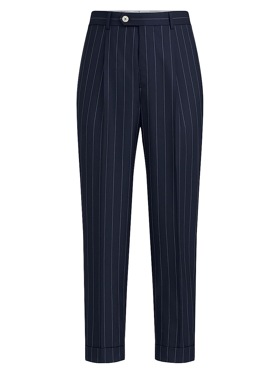 Men's Super 150s Virgin Wool Wide Chalk Stripe Batavia Trousers with Pleats - Blue - Size 48