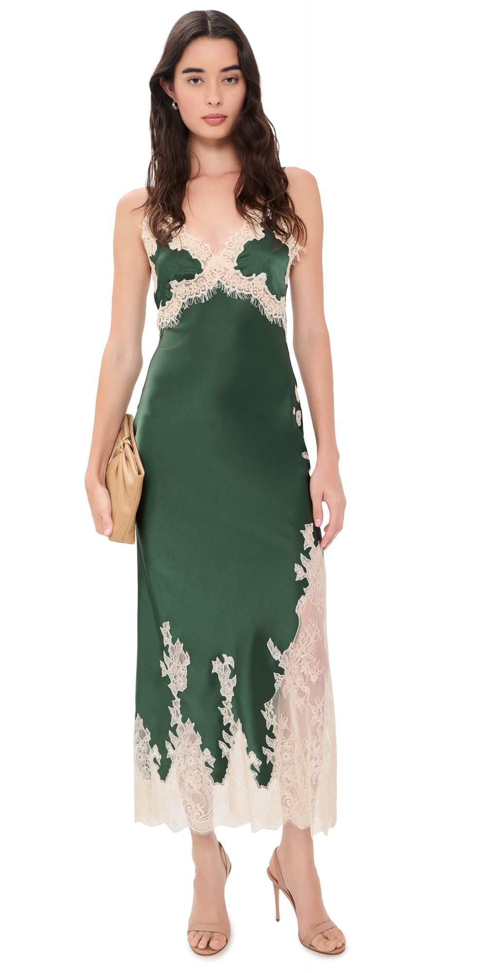 ALICE + OLIVIA Julietta Cutaway Lace Trim Slip Dress Dark Fern/Biscotti 4