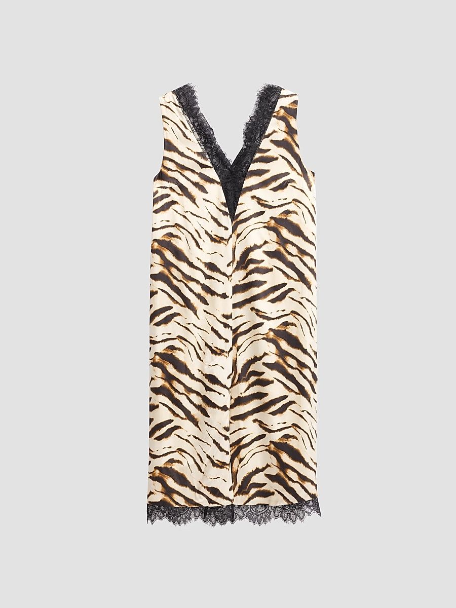 Women's Printed Satin V-Neck Midi Dress - Egret - Size 14