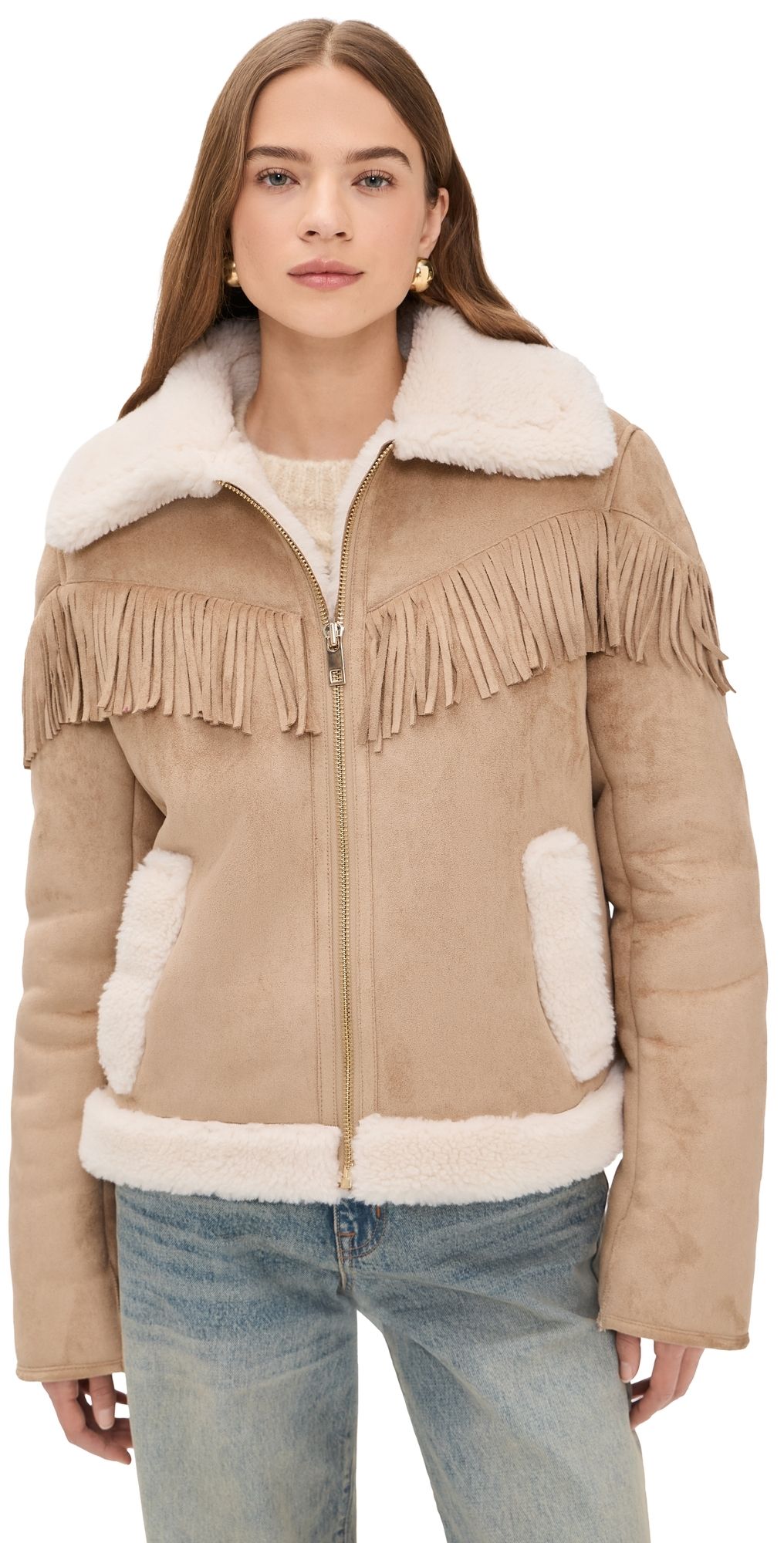 Generation Love Inez Vegan Suede Shearling Jacket Taupe/White L