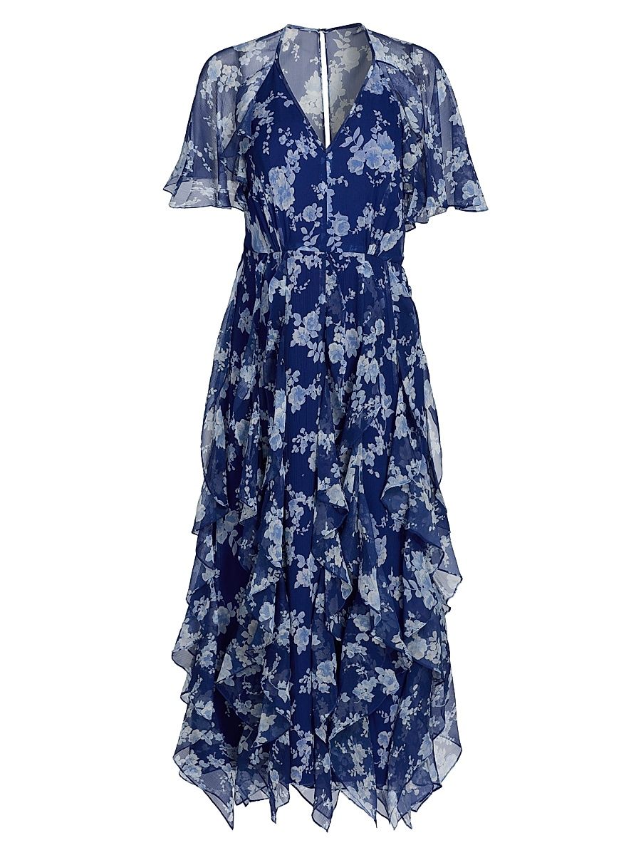 Women's Cabana Floral Silk Ruffled Cape Midi-Dress - Nautilus Multi - Size 2