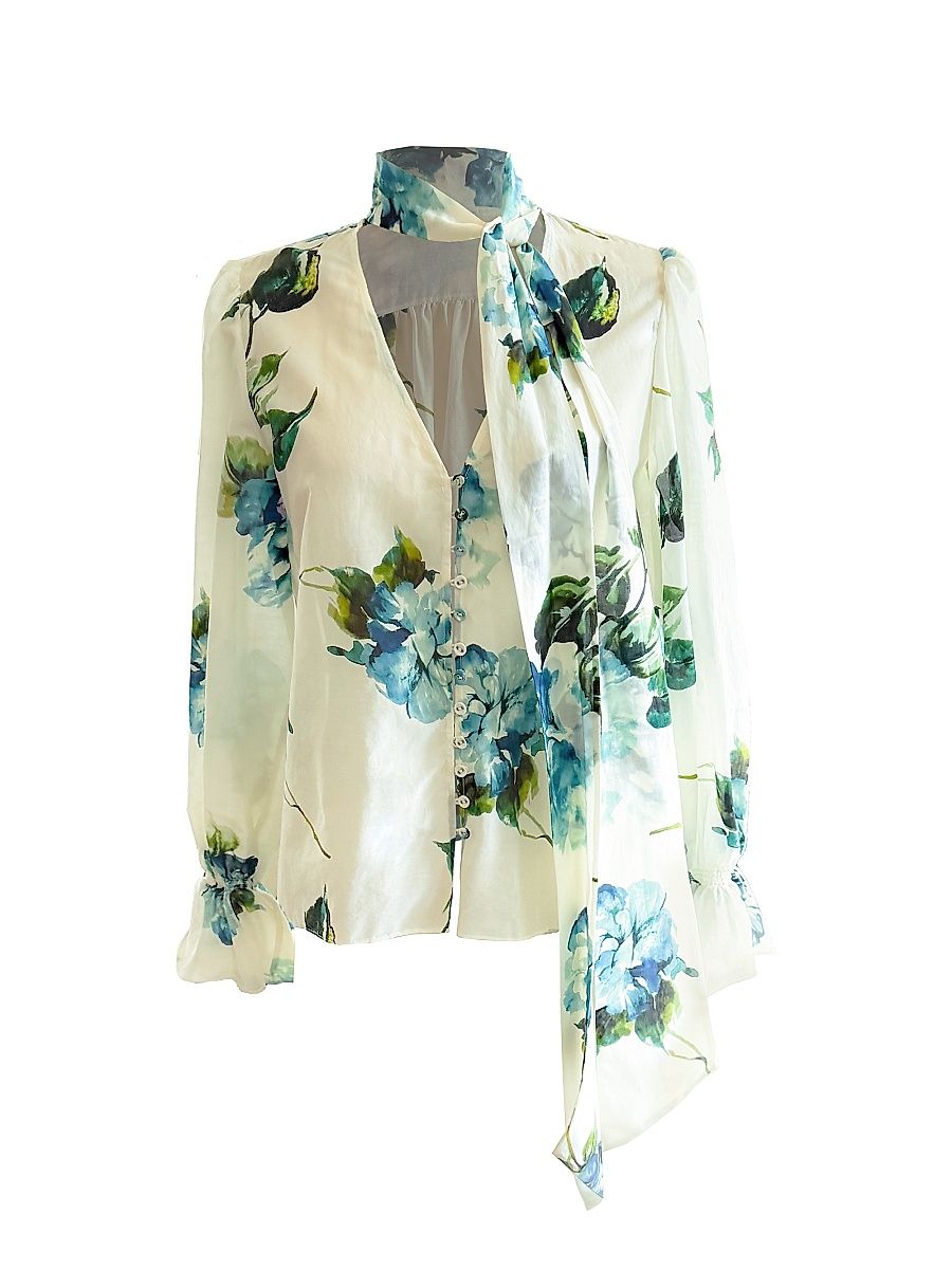 Women's Eliana Floral Cotton-Silk Blouse - Watercolor Blue Floral - Size Medium