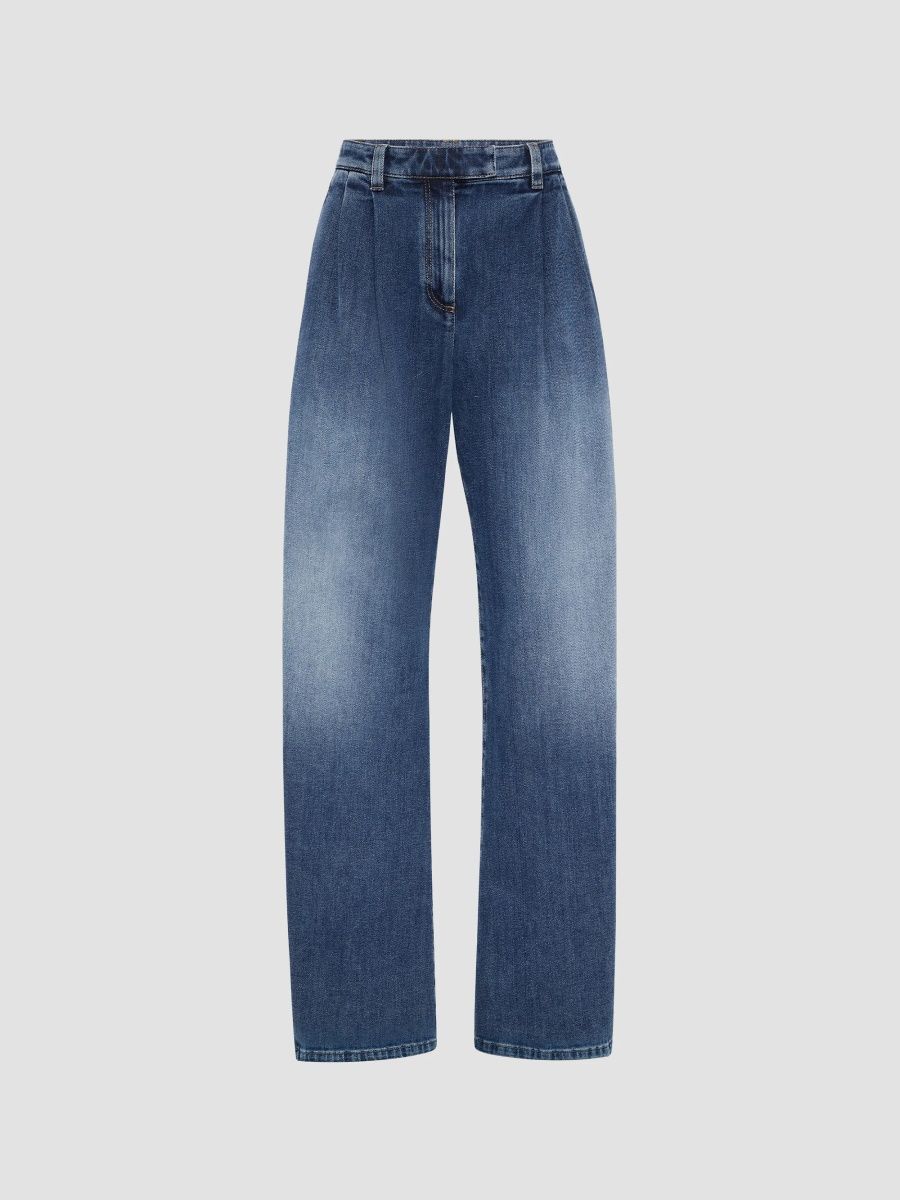 Brunello Cucinelli Women's Comfort Cotton Denim Loose Curved Trousers with Monili - Medium Denim - Size 00