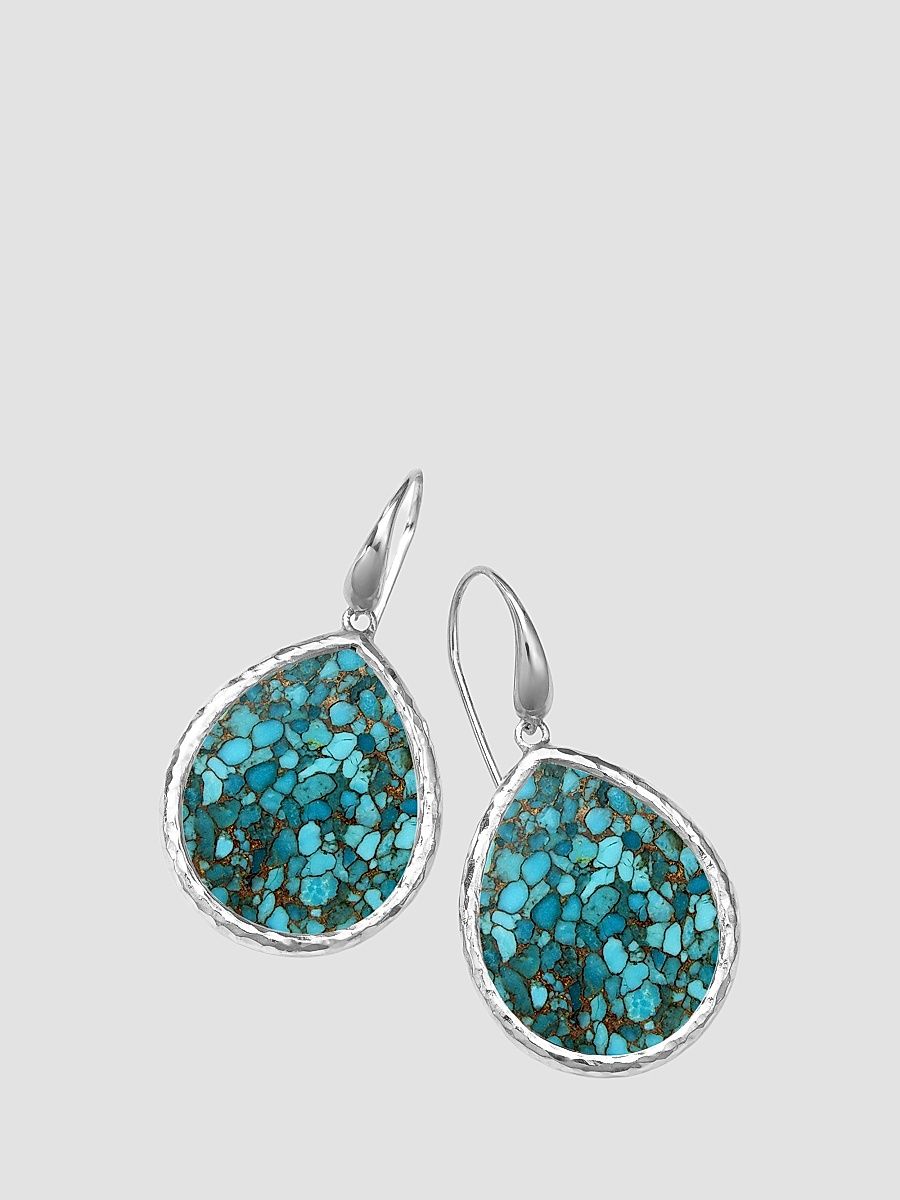 Women's Polished Rock Candy Sterling Silver, Rock Crystal, Bronze & Turquoise Doublet Small Teardrop Earrings - Silver