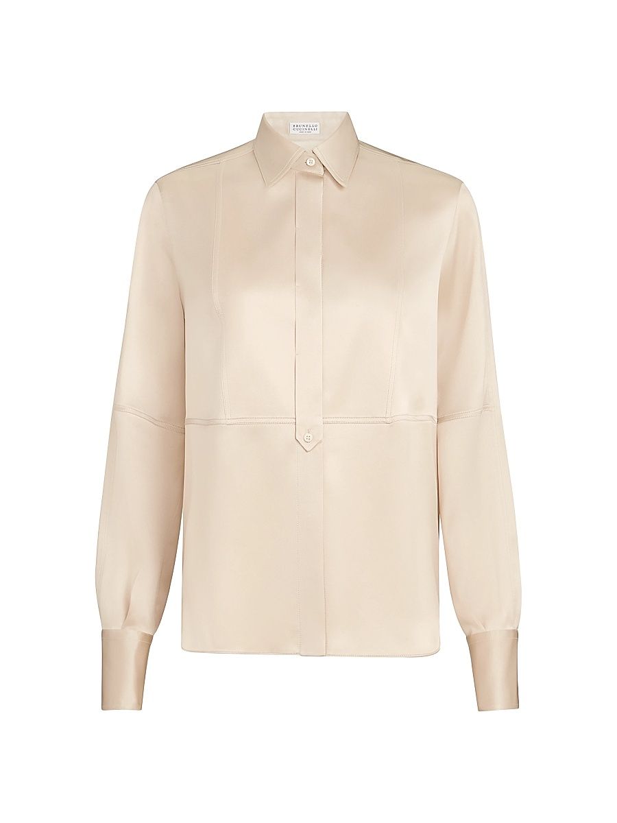 Women's Stretch Silk Satin Shirt with Monili - Sand - Size Medium