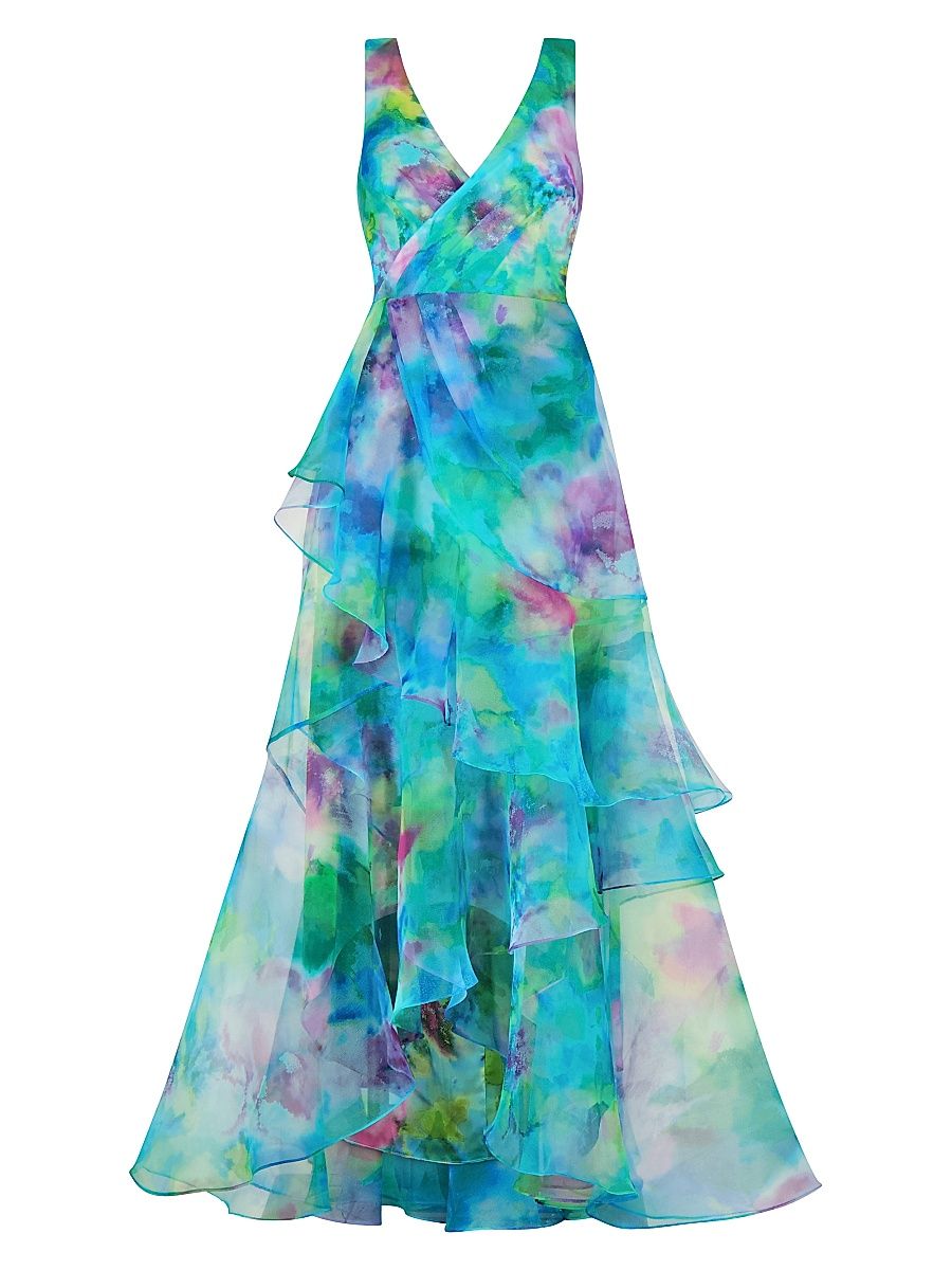 Women's Karen Watercolor Floral Organza Gown - Aquatic Blooms - Size 14