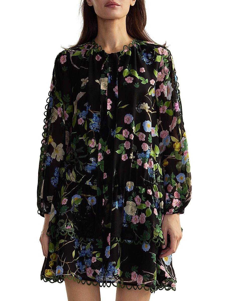 Women's Floral Silk Dropwaist Ruffled-Hem Minidress - Black Floral - Size Large