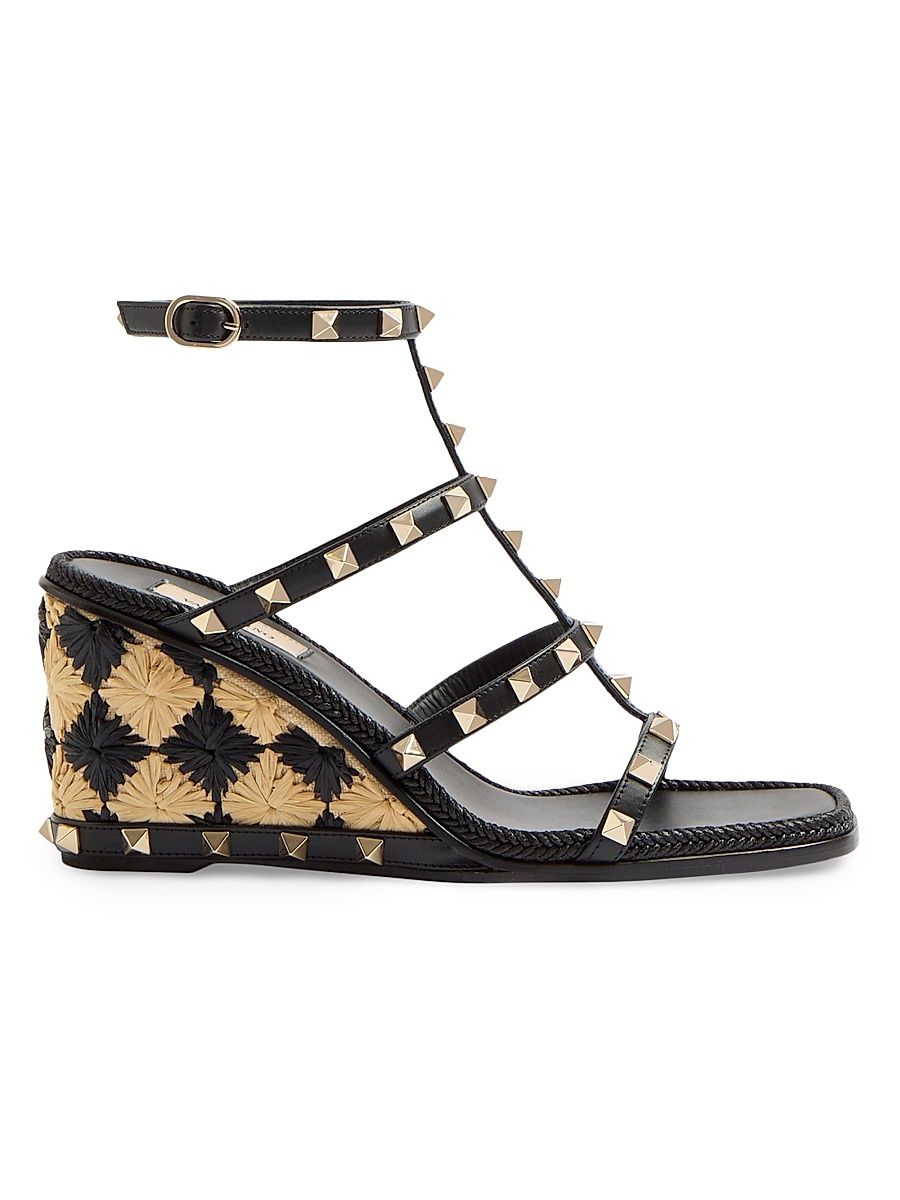 Women's Rockstud 80MM Wedge Sandals in Calfskin - Black Natural - Size 12