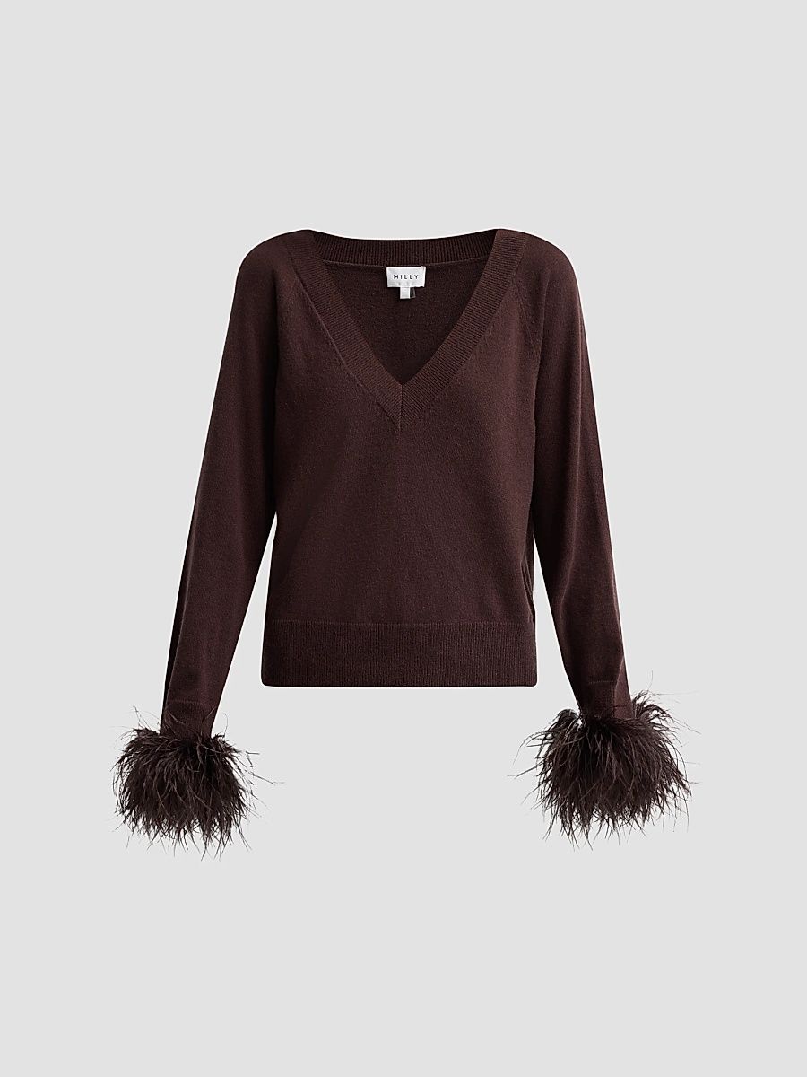 Milly Women's Feather Cuff V-Neck Sweater - Brown - Size XL