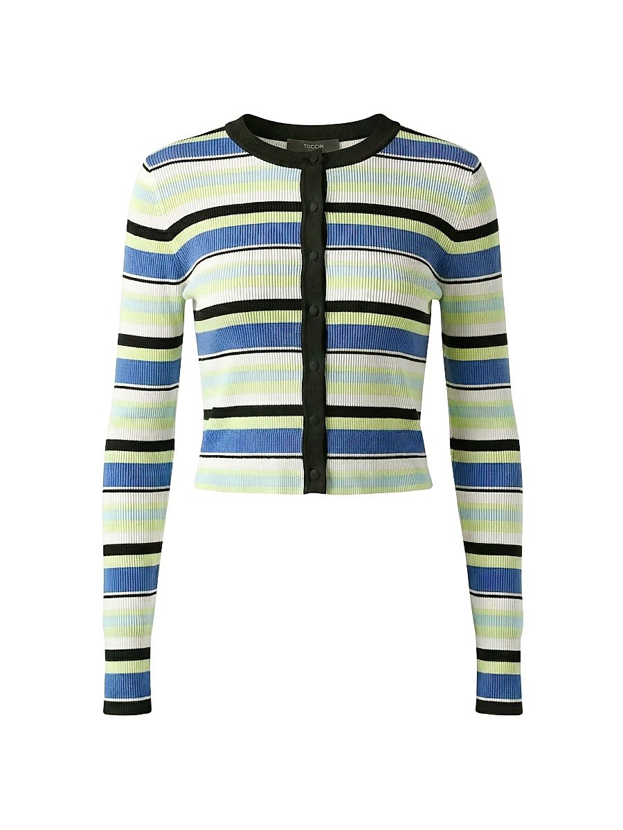 Women's Zoe Striped Fitted Crop Cardigan - Ocean Keylime Multi - Size XS
