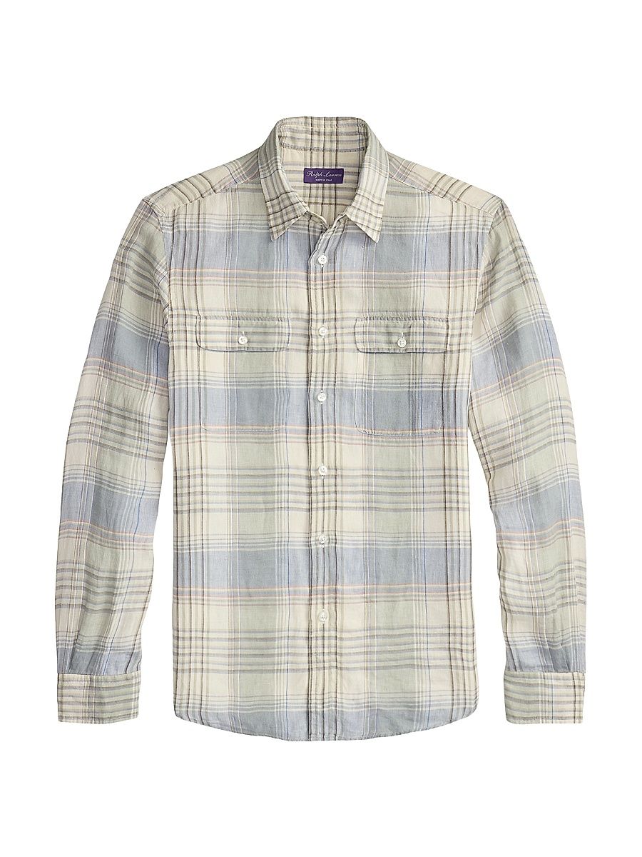 Men's Plaid Linen Sport Shirt - Infinity Blue - Size Large