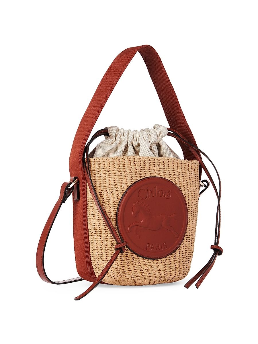 Women's Small Raffia & Leather Basket Tote Bag - Sepia Brown