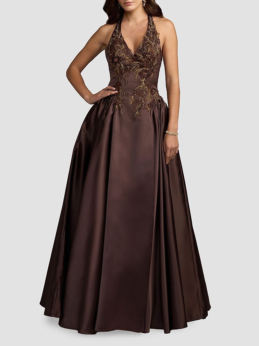 Women's Satin Beaded-Bodice Gown - Chocolate - Size 14