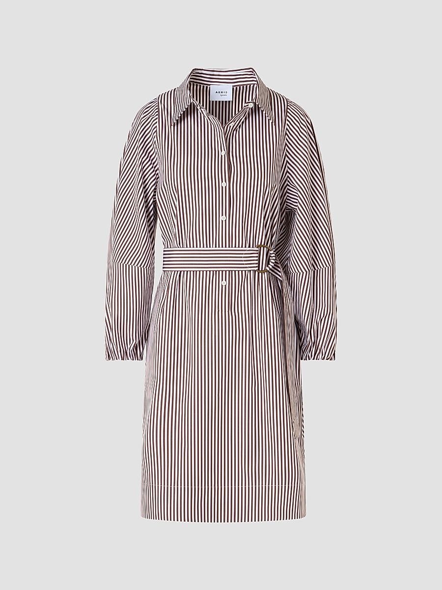 Women's Striped Cotton Belted Shirtdress - Mocca Cream - Size 2