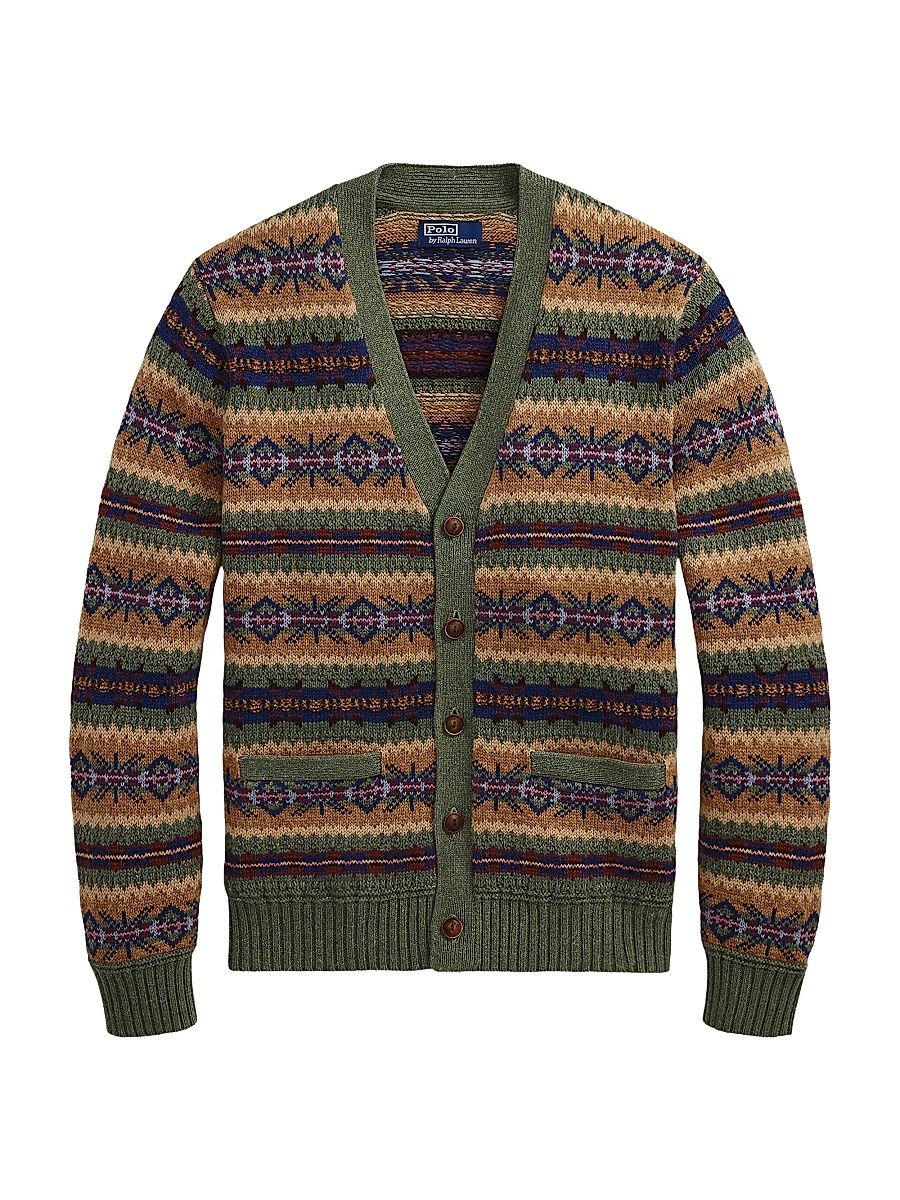 Men's Fair Isle Cotton-Blend Cardigan - Green Combo - Size XXL