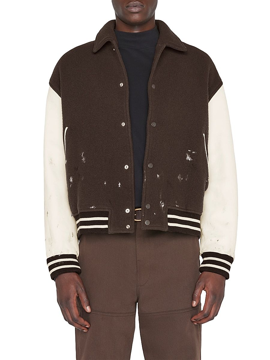Men's Wool-Blend Splatter Bomber Jacket - Espresso Ecru - Size Medium