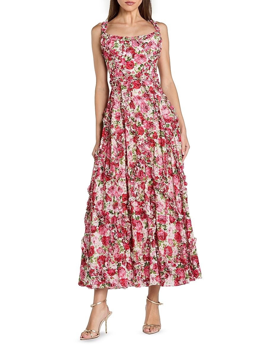 Women's Floral Ruffled Square-Neck Cotton Maxi Dress - Pink Multi - Size 10