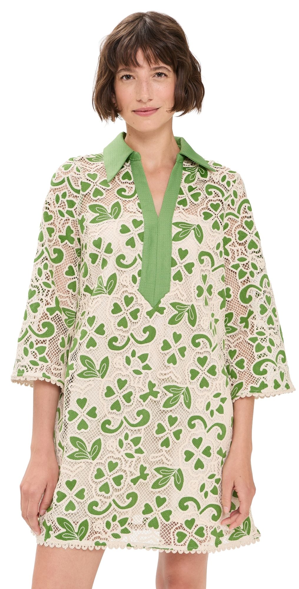 English Factory Embroidered Collar Mini Dress Green/Natural XS