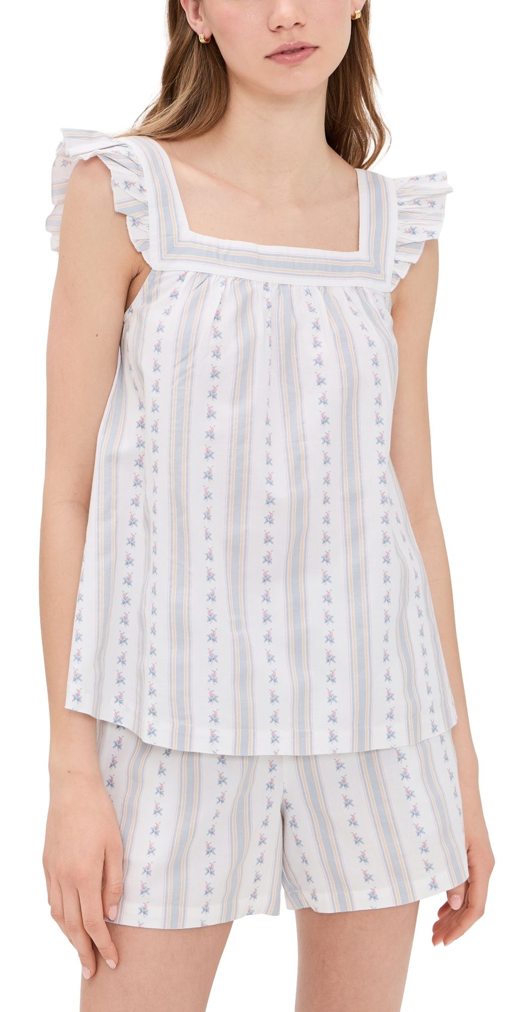Petite Plume Woven Twill Clara Shorts Set in Cottage Stripe White M