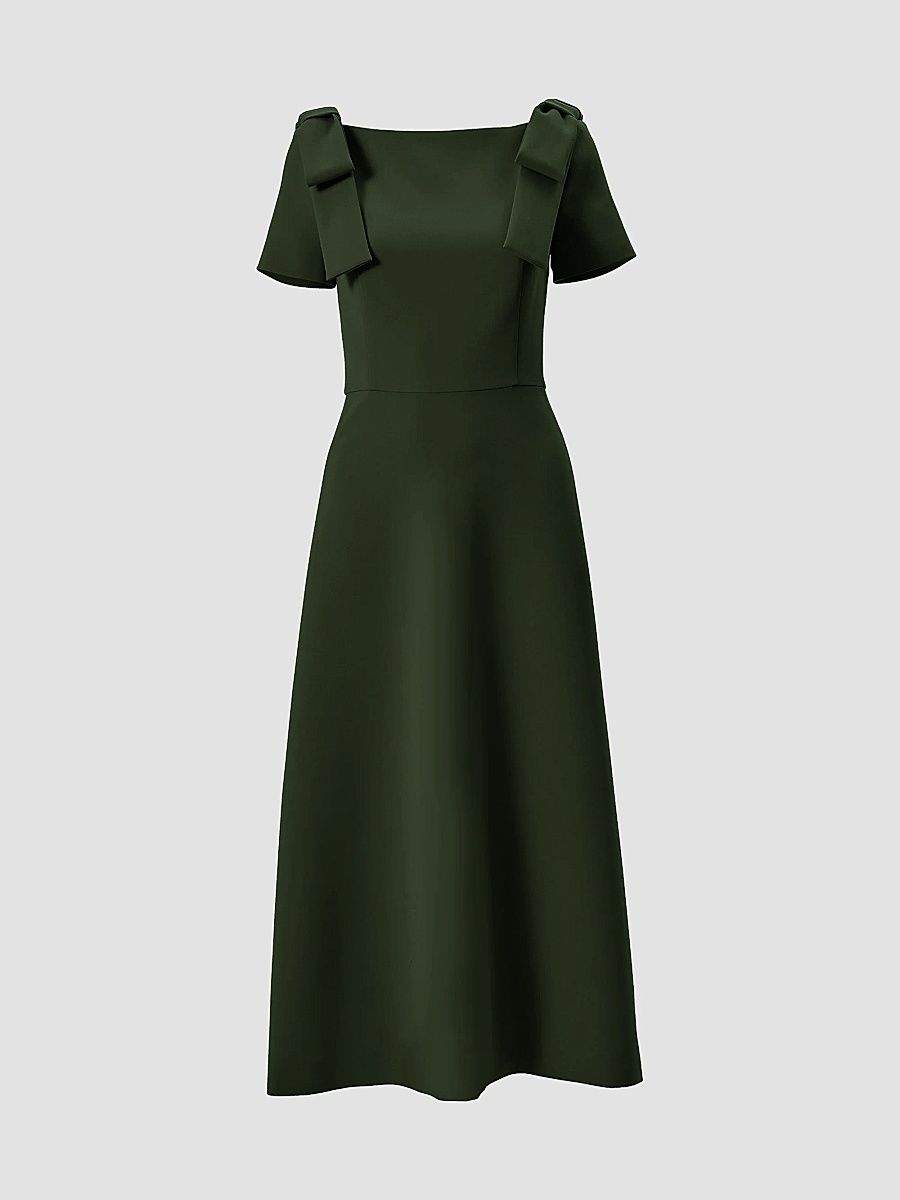 Women's Boatneck Bow Shoulder Short-Sleeve Midi Dress - Forest Green - Size 0