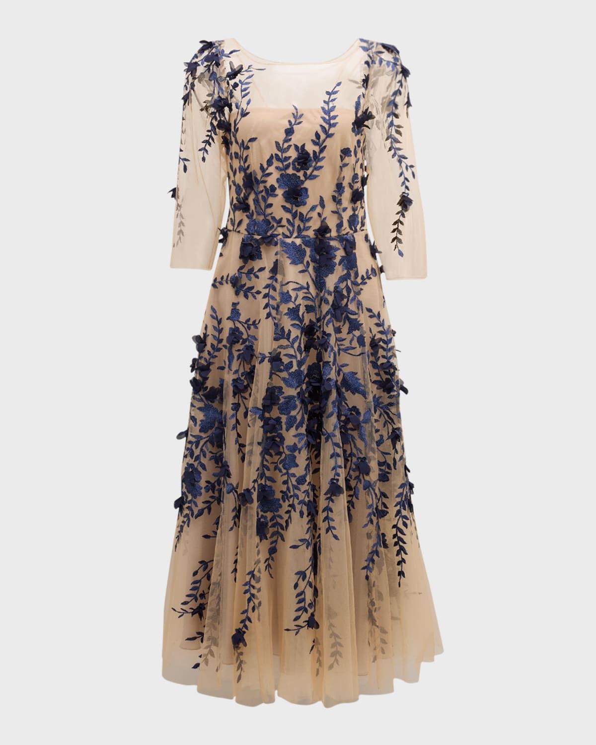 Floral Embroidered Tulle Fit-Flare Midi Dress