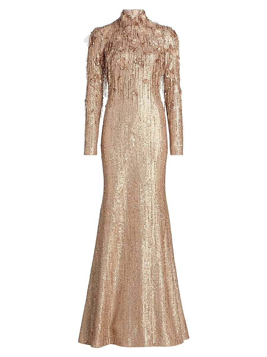 Women's Beaded Sequin Long-Sleeve Trumpet Gown - Gold - Size 8