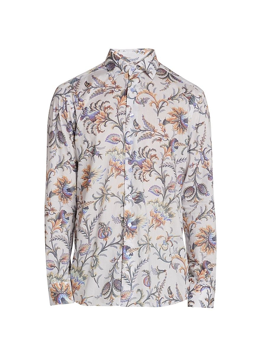 Men's Foliage-Print Cotton Button-Front Shirt - Printed Azure Base - Size 17.5