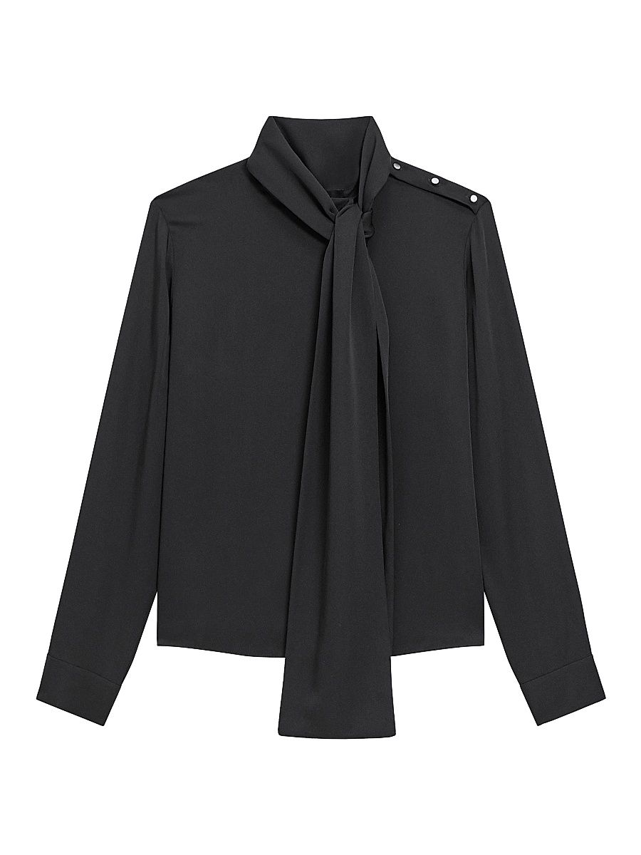 Women's Silk Tieneck Blouse - Black - Size Large