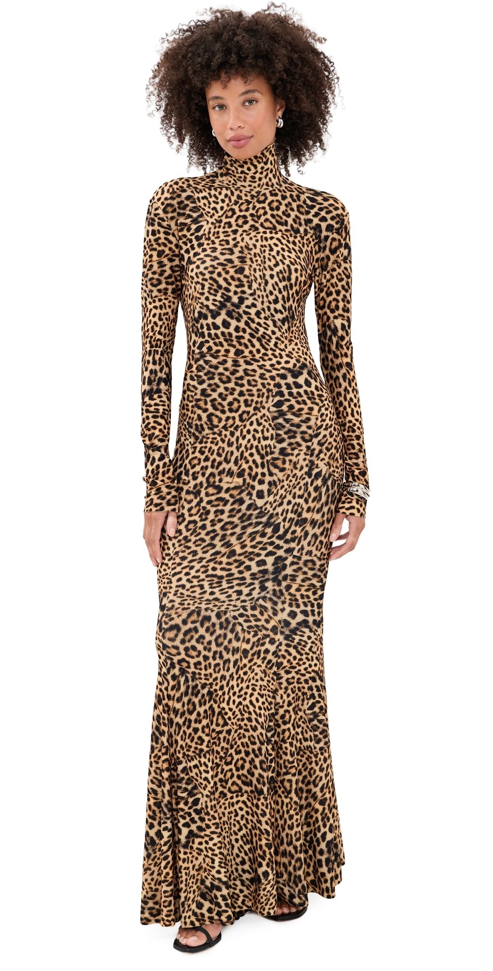 Norma Kamali Long Sleeve Turtle Fishtail Gown Cheetah Patch S