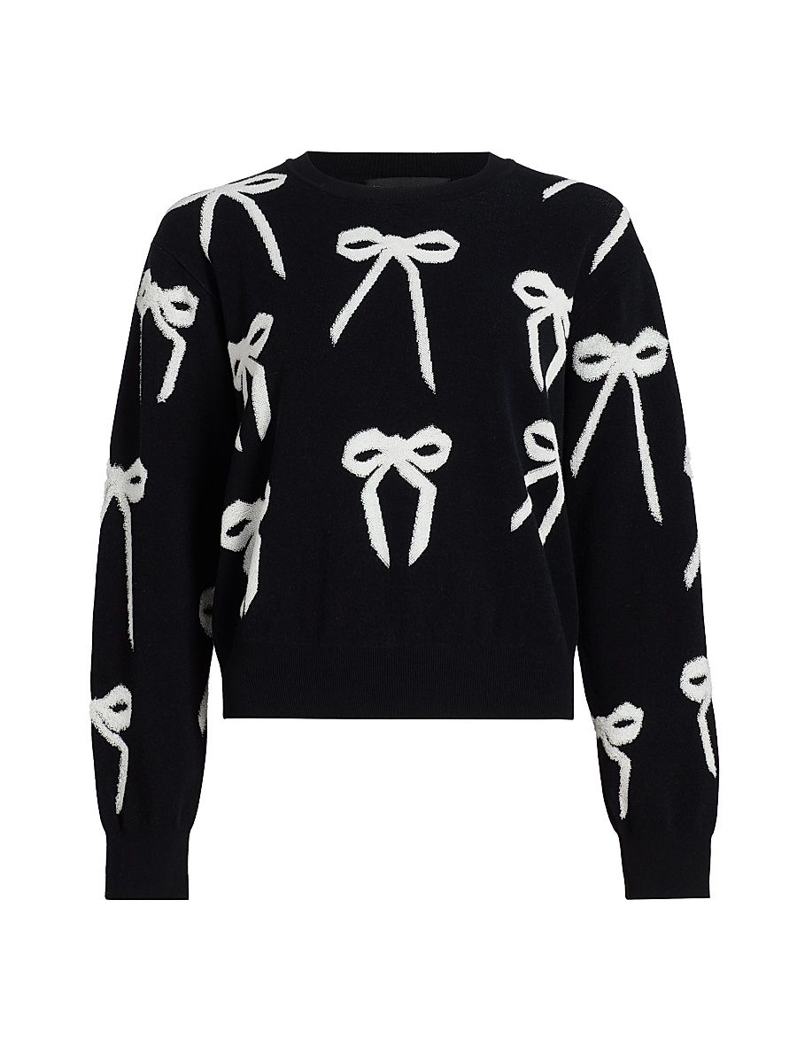 Women's Bow Jacquard Sweater - Black White - Size Large