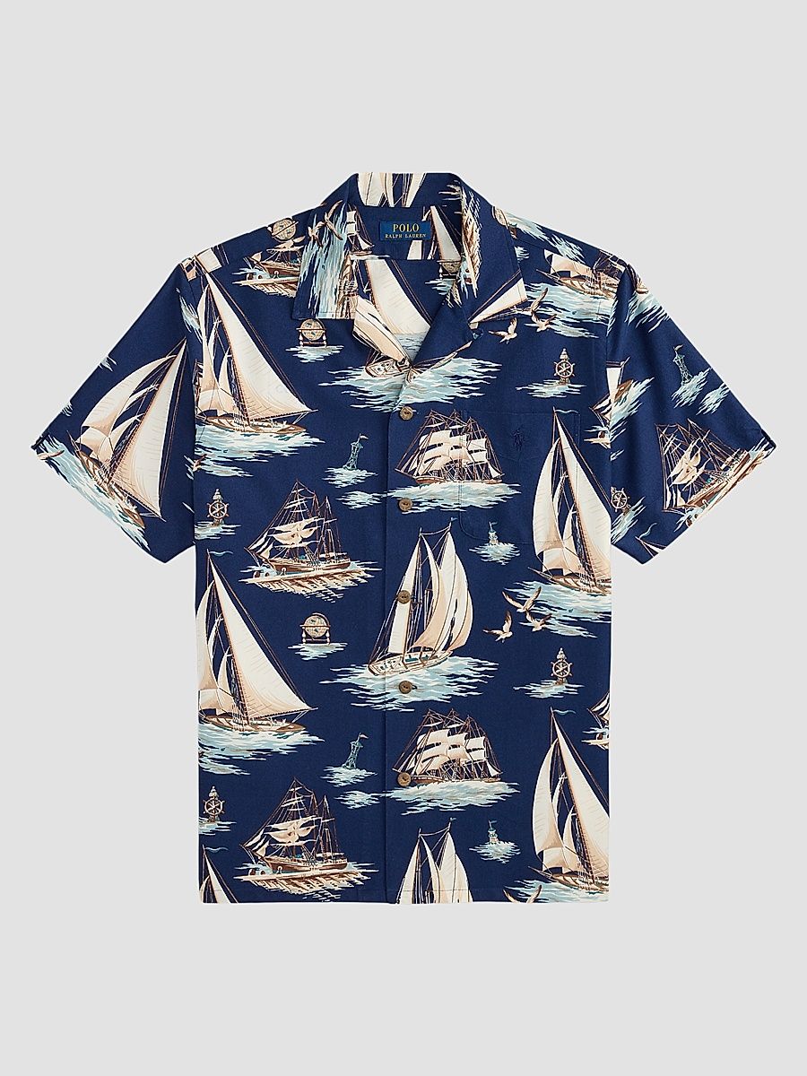 Men's Sailboat Oxford Short-Sleeve Shirt - Vintage Schooners - Size XXL